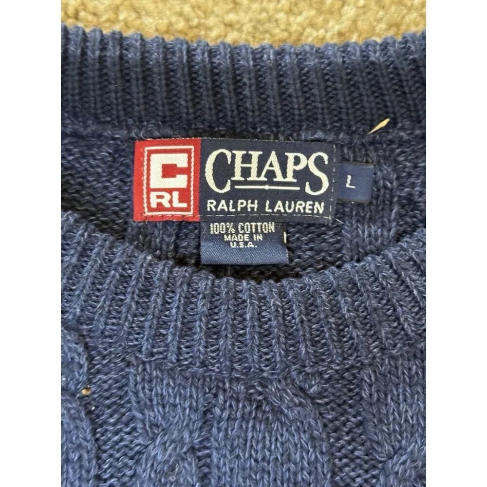 CHAPS RALPH LAUREN VTG Blue Cable Knit Sweater Chunky Crest Logo Cotton USA L